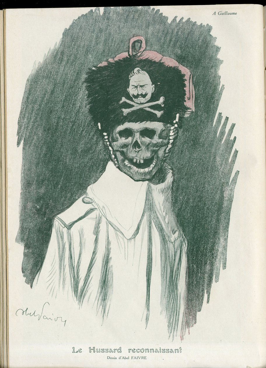 Ilustracja autorstwa Abla Faivre (1867-1945) w „”Fantasio””, 01.05.15 - Wdzięczny Huzar - Wojna 14-18, Niemcy Pruski - Wilhelm II, Żniwiarz/Towarzysz - Śmierć, TwarzeRiantes autorstwa Jules Abel Faivre