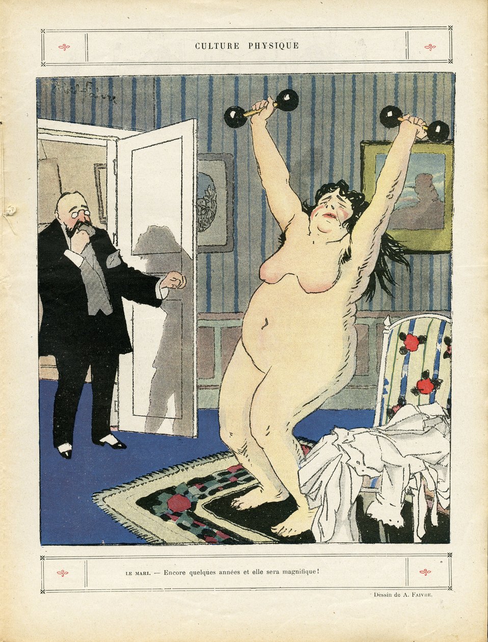 Ilustracja Abla Faivre (1867-1945) w Le Rire, 03.05.13 - Kultura fizyczna - Sport, Obeite, Nudite - Kobiety autorstwa Jules Abel Faivre