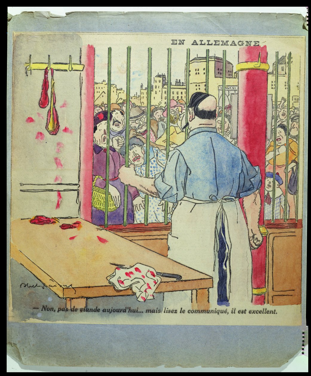 „Nie, dziś nie ma mięsa… ale przeczytaj komunikat, jest znakomicie”, karykatura głodu w Niemczech, ok. 1917 autorstwa Jules Abel Faivre