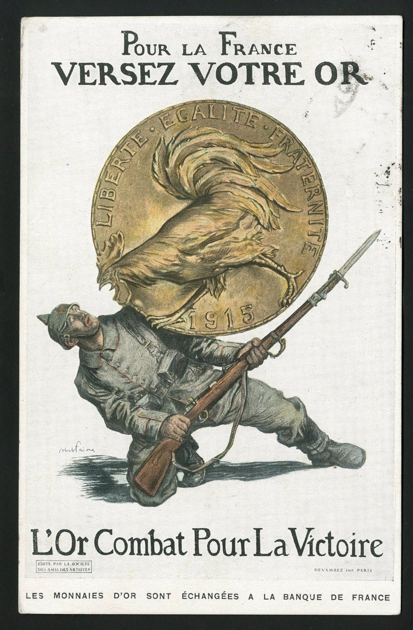 Pocztówka, Satyryka en Kolory, ok. 1915: Za Francję, Wlej swoje złoto - Wojna 14-18, Niemcy Prusy, Srebro, Wojownicy i symbole, Zwycięstwo, Pożyczki, Podróże patriotyczne - Kogut - Ilustracja autorstwa Abla Faivre