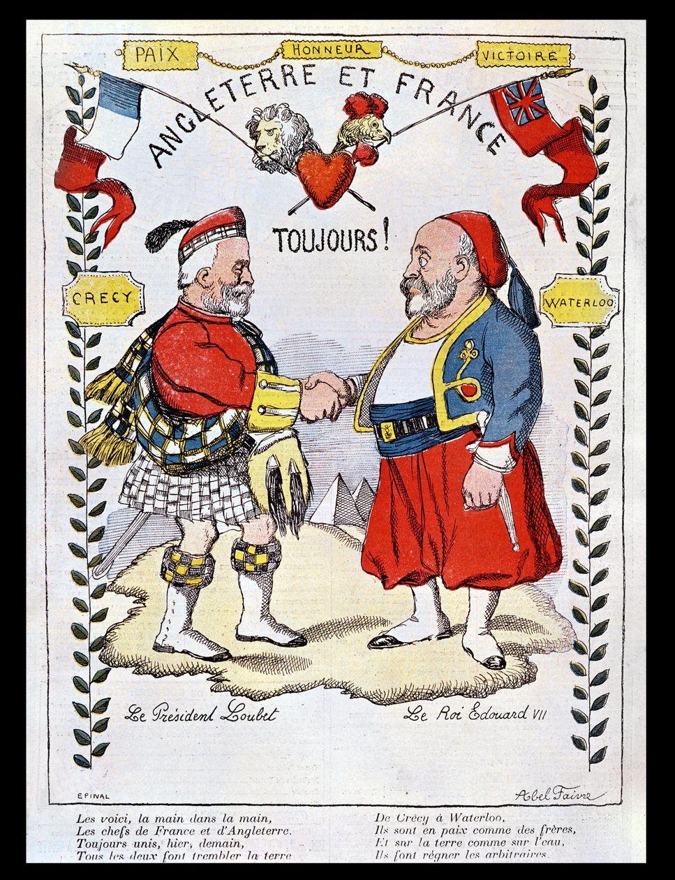 Entente Cordiale między Francją a Wielką Brytanią: karykatury prezydenta Loubeta (1838-1929) i króla Edwarda VII (1841-1910), ilustracja z „Le Rire”, 1903 autorstwa Jules Abel Faivre