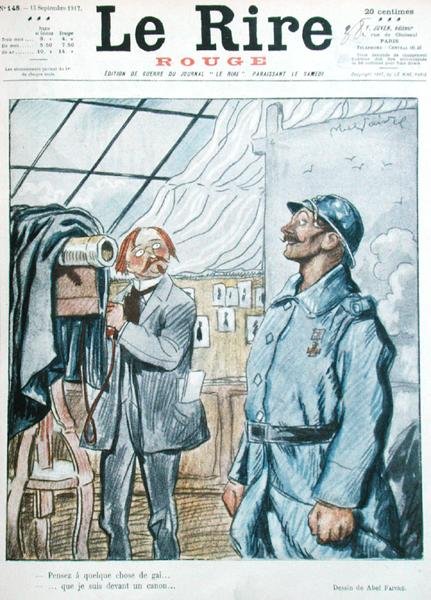 Francuski żołnierz z fotografem, karykatura z okładki „Le Rire Rouge” autorstwa Jules Abel Faivre