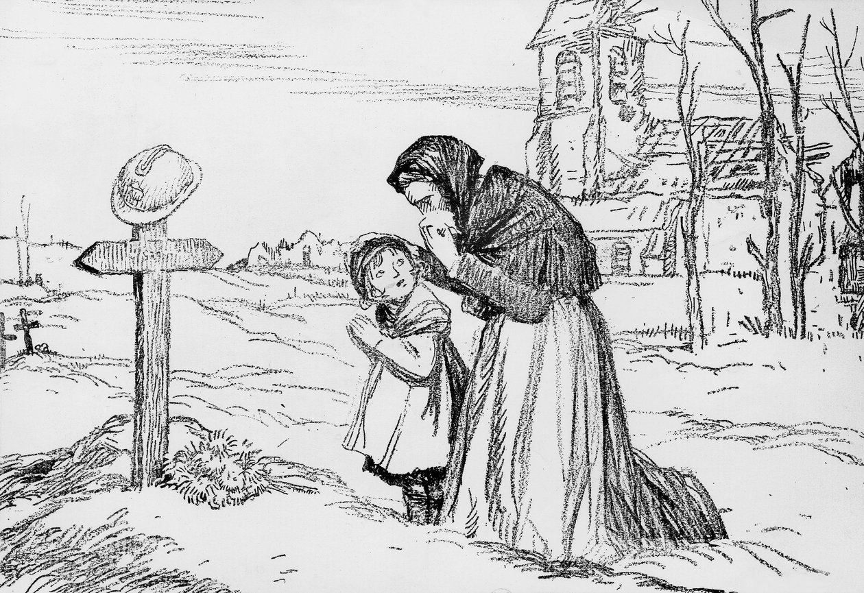 Wdowa i jej mała córka płaczą nad grobem ojca i męża podczas I wojny światowej, 1 listopada autorstwa Jules Abel Faivre