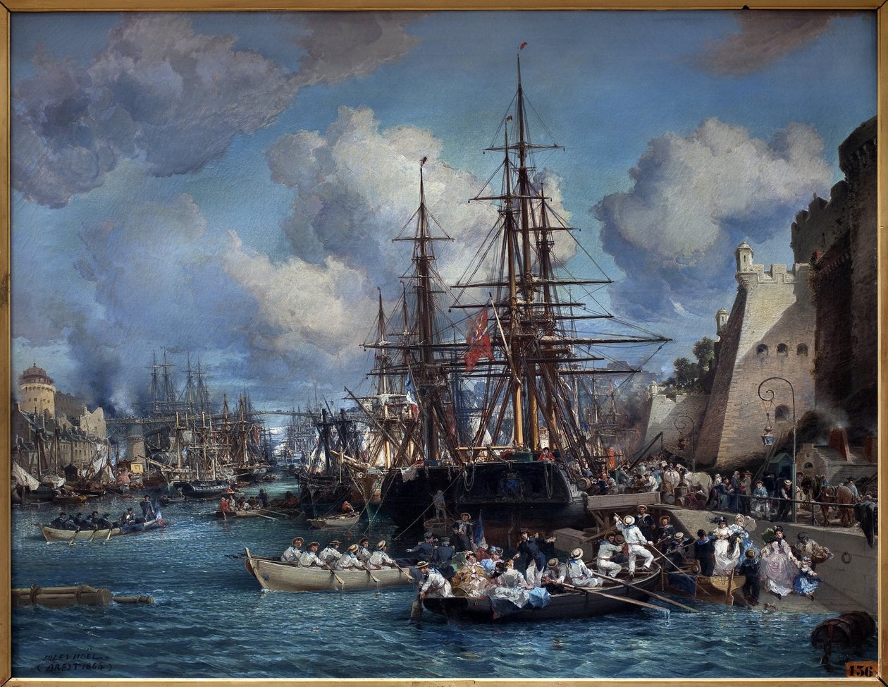 Port w Brześciu (Francja) w 1864 r. Obraz Julesa Noela (1815-1881). olej na płótnie autorstwa Jules Achille Noel