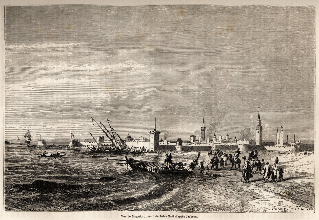 Widok Essaouiry (dawniej Mogador), rysunek Julesa Noela (1810-1881), ilustrujący Mr.F. Podróż Schicklera do Maroka w 1860 roku. Grawerowanie w „”Le tour du monde, nouveau journal des voyages””Paryż autorstwa Jules Achille Noel