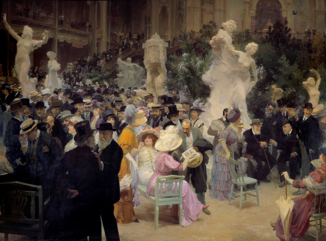 Belle epoque: „”Piątek w Salon des artistes français”” Członkowie paryskiej burżuazji spotykają się przy okazji imprez towarzyskich. Szczegół. Obraz Julesa Alexandre Gruna (1868-1934) 1911 Nd. 3,6x6,16 m Rouen, Musee des Beaux Arts autorstwa Jules Alexandre Gruen or Grun