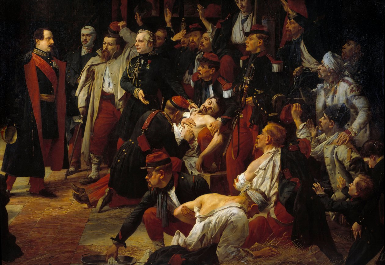 Cesarz Napoleon III odwiedza francuskie, piemonckie i austriackie rany w bitwie pod Montebello do karetek pogotowia Voghere w maju 1859 r. Szczegół. Obraz Julesa Rigo (1810-1892) 1859 Paryż, Muzeum Val de Grace autorstwa Jules Alfred Vincent Rigo