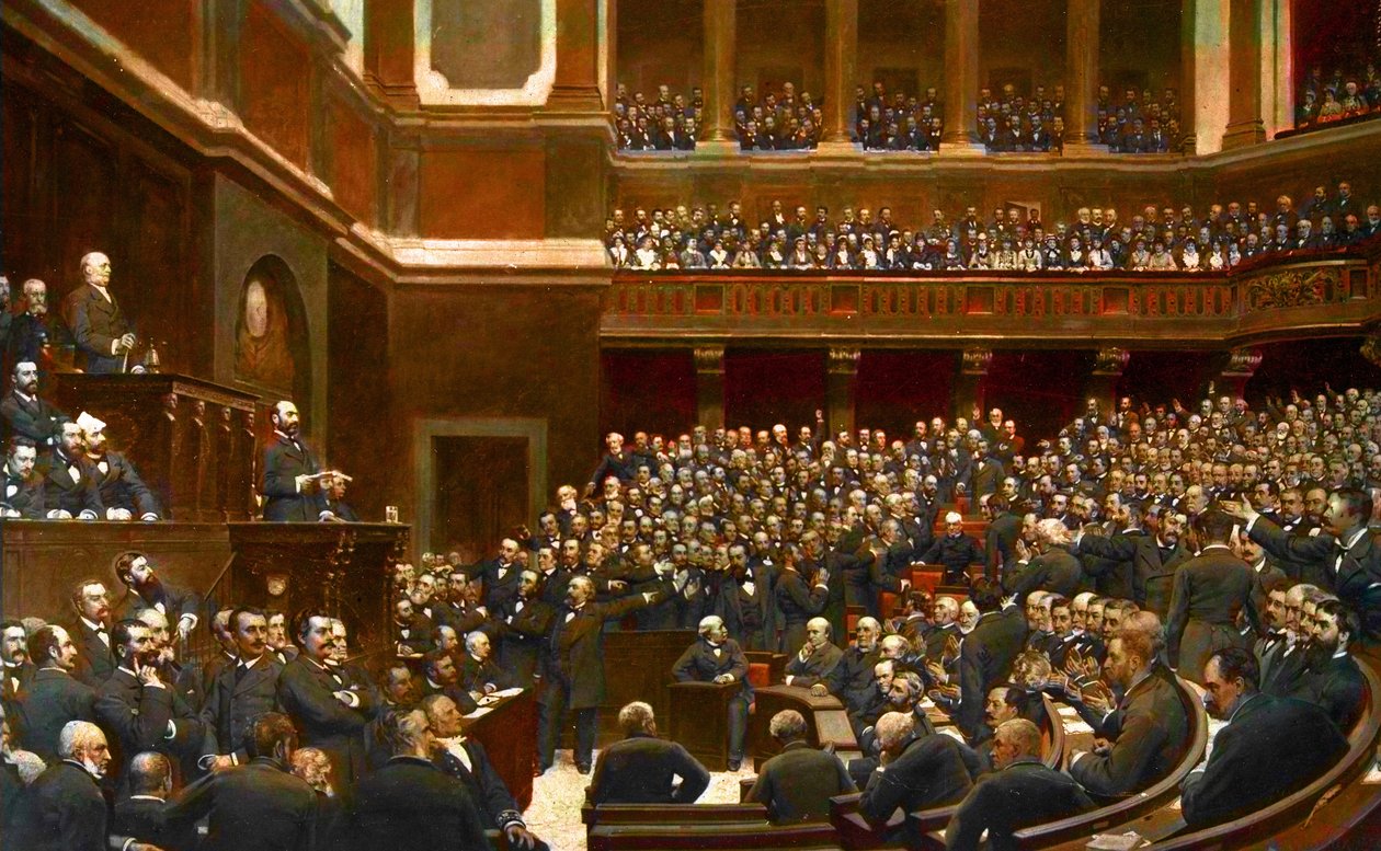 Adolphe Thiers (1797-1877) polityk francuski, ogłoszony „Wyzwolicielem terytorium” na posiedzeniu Izby Deputowanych w Wersalu autorstwa Jules Arsene (after) Garnier