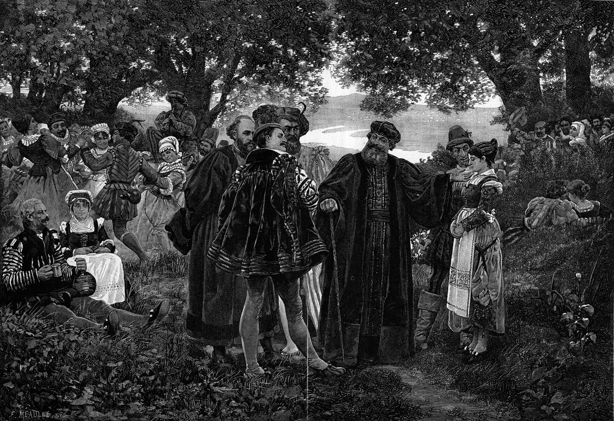 Rabelais, lekarstwo Meudona. Pisarz Francois Rabelais (1483-1553) władca uczty w lesie Meudon. Był parafią Meudon w latach 1551-1553. Grawerowanie według obrazu Julesa Garniera (XIX wiek) w „Świat ilustrowany” nr 1210 z 5 czerwca autorstwa Jules Arsene Garnier