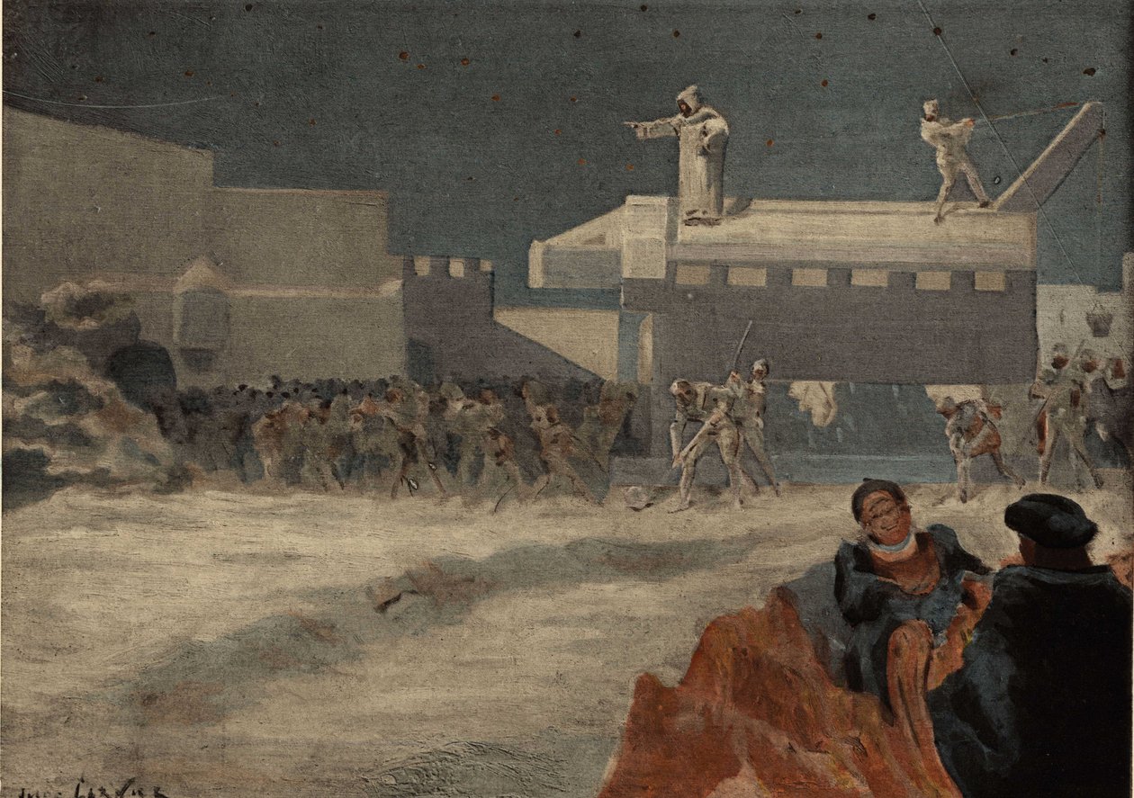 Robotnicy budujący dużą lochę pod rozkazami Frere Jeana siedzą na niej. Pantagruel. Ilustracja Julesa Garniera. W "Rabelais et l