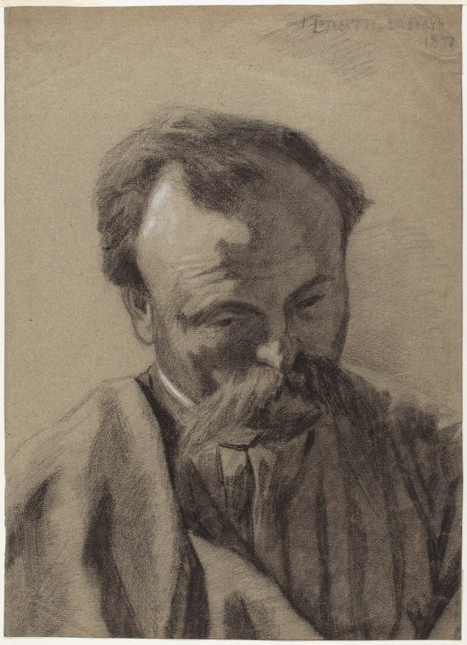 Autoportret, ok. 1877 (czarna kreda podkreślona białą kredą, na szarym papierze) autorstwa Jules Bastien Lepage