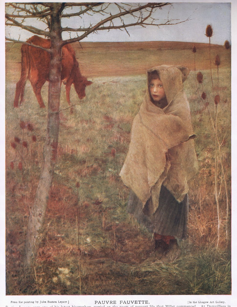 Francja, mała; dziewczynka; Fauvette; krowa; wiejski; słaby; odzież autorstwa Jules Bastien Lepage