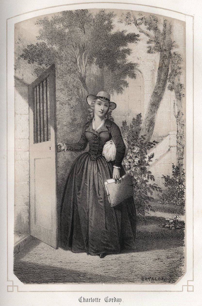 Portret Charlotte Corday (1768 - 1793). w „Wielkich kobietach Francji” hrabiny DROHOJOWSKIEJ. ILUSTRACJE BĘBNÓW MM JULESA I BAYALOSA. około 1850 roku. autorstwa Jules and Bayalos Aime de David
