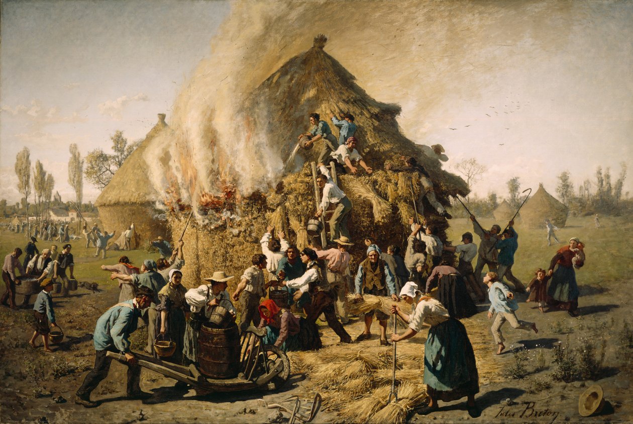 Pożar w stogu siana, 1856 autorstwa Jules Breton
