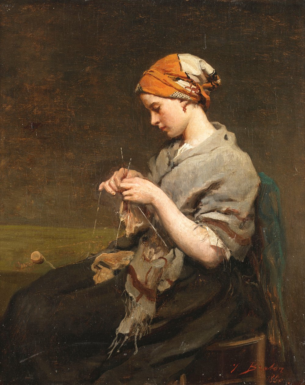 Dziewczyna robi na drutach autorstwa Jules Breton