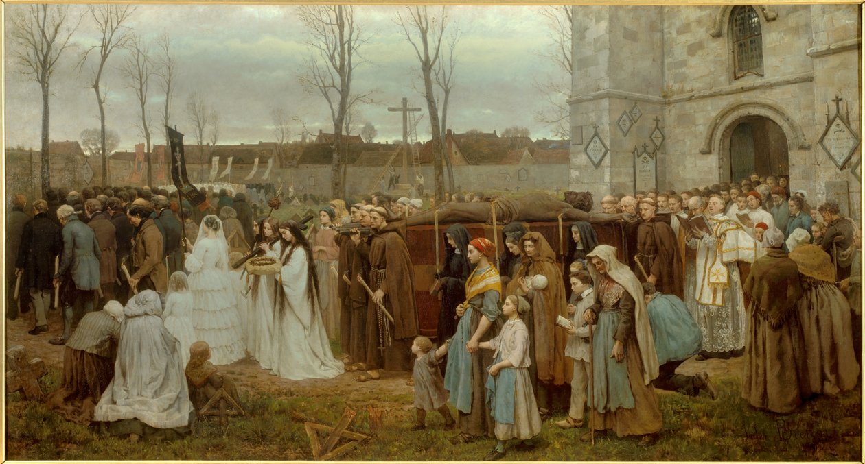 Założenie procesji kalwaryjskiej przed bretońskim kościołem. Obraz Julesa Bretona (1827-1906) 1858 Nd. 1,35x2,5 m Lille, musee des Beaux Arts - Wznoszenie Kalwarii. Procesja przed bretońskim kościołem. Obraz Julesa Bretona (1827-1906) 1858 autorstwa Jules Breton