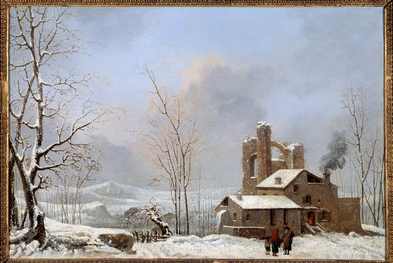 Zimowy pejzaż, obraz Cesara Van Loo (1743-1821) XVIII-wieczny Quimper, Muzeum Sztuk Pięknych autorstwa Jules Cesar Denis van Loo