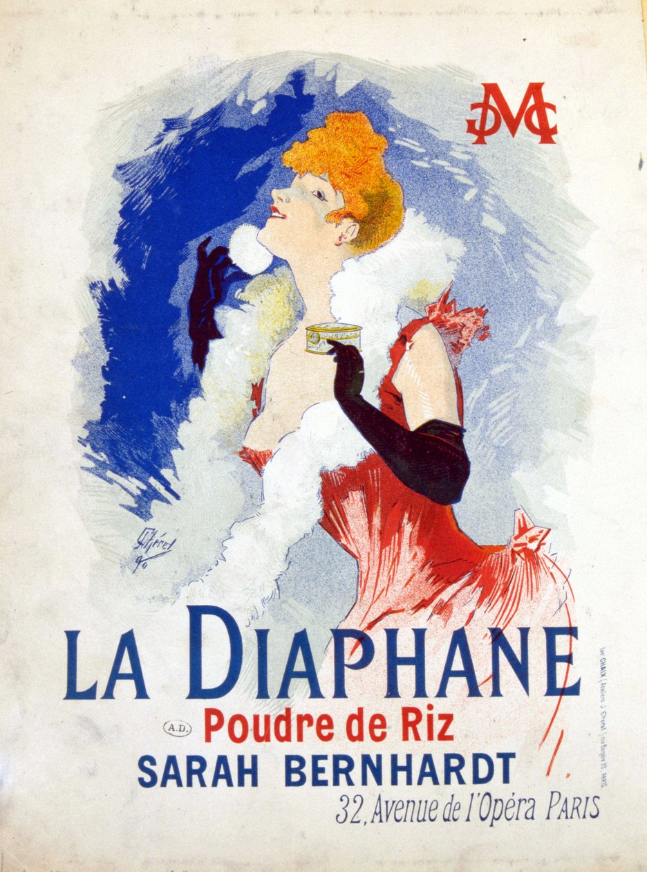 Reklama „”La Diaphane: proszek ryżowy””” Henriette Rosine Bernard dit Sarah Bernhardt autorstwa Jules Cheret