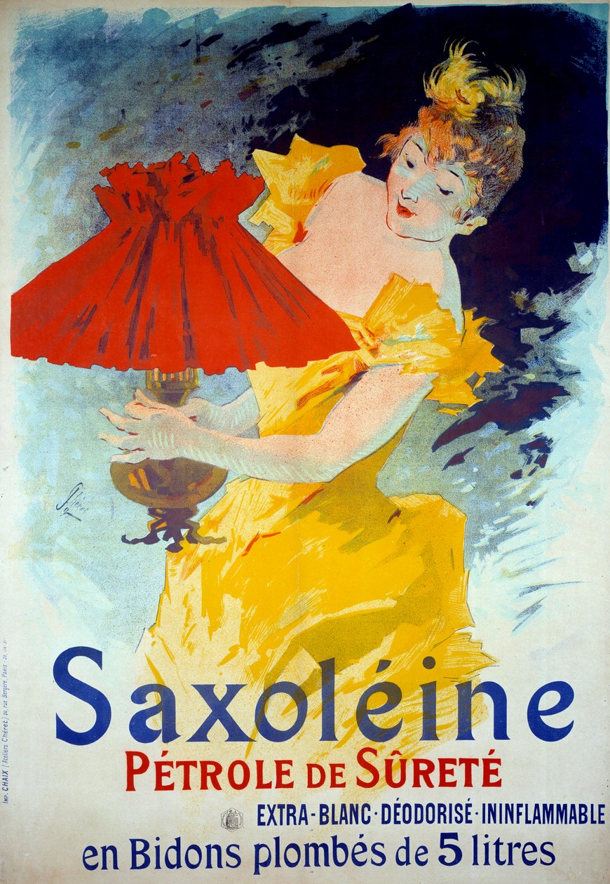 Plakat reklamowy produktu "Saxoleine Petrole de surete": Kobieta wlewa olej do lampy. Plakat reklamujący "Saxoleine", olej do bezpiecznych lamp autorstwa Julesa Chereta (1836-1932). autorstwa Jules Cheret