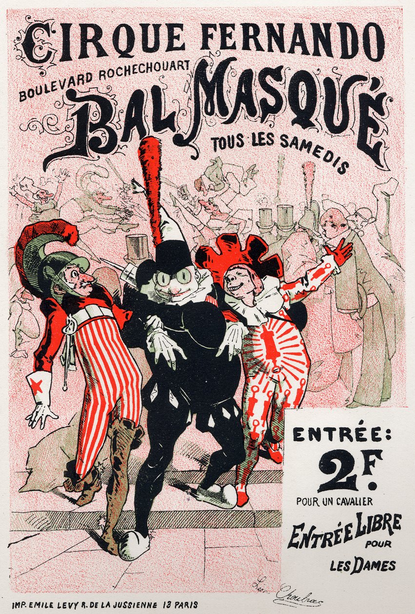 Sztuka. Zabawa. Bal maskowy cyrku Fernando, Paryż. Plakat Jules Cheret, Francja, c.1870-80 (plakat) autorstwa Jules Cheret