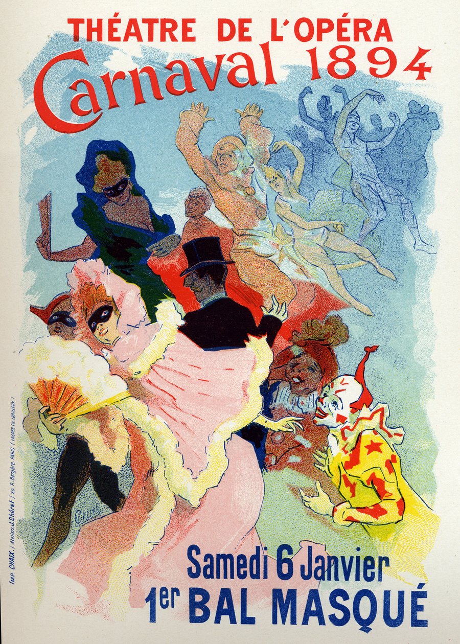 Sztuka. Zabawa. Bal maskowy w Operze Paryskiej na karnawał. Plakat Jules Cheret, Francja autorstwa Jules Cheret