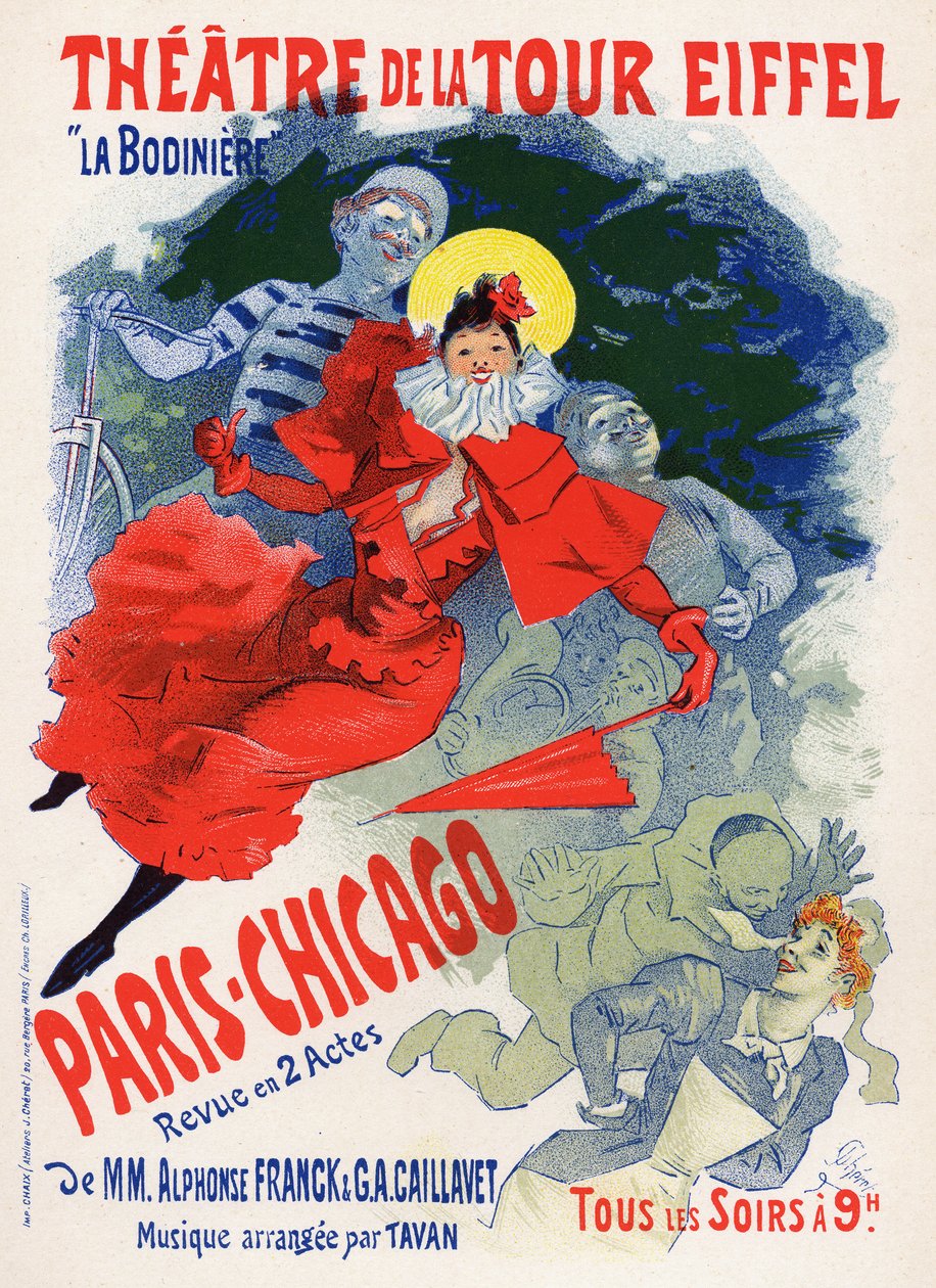 Sztuka. Zabawa. Paris Chicago, pokaz wariacji w Theatre de la Tour Eiffel. Plakat Jules Cheret, Francja, c.1890 (plakat) autorstwa Jules Cheret