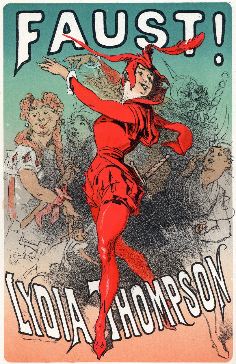 Sztuka. Zabawa. Tancerka Lydia Thompson jako Mephisto. Plakat Julesa Chereta do sztuki „Faust”, Anglia, ok. 1860-70 (plakat) autorstwa Jules Cheret