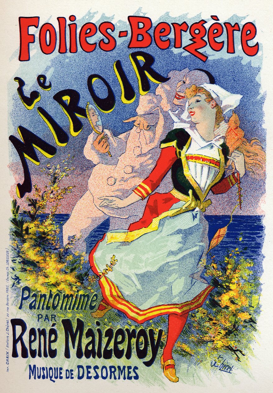 Sztuka. Zabawa. Lustro, pokaz mimów w kabarecie Les Folies Bergeres w Paryżu. Plakat Jules Cheret, Francja, c.1890 (plakat) autorstwa Jules Cheret