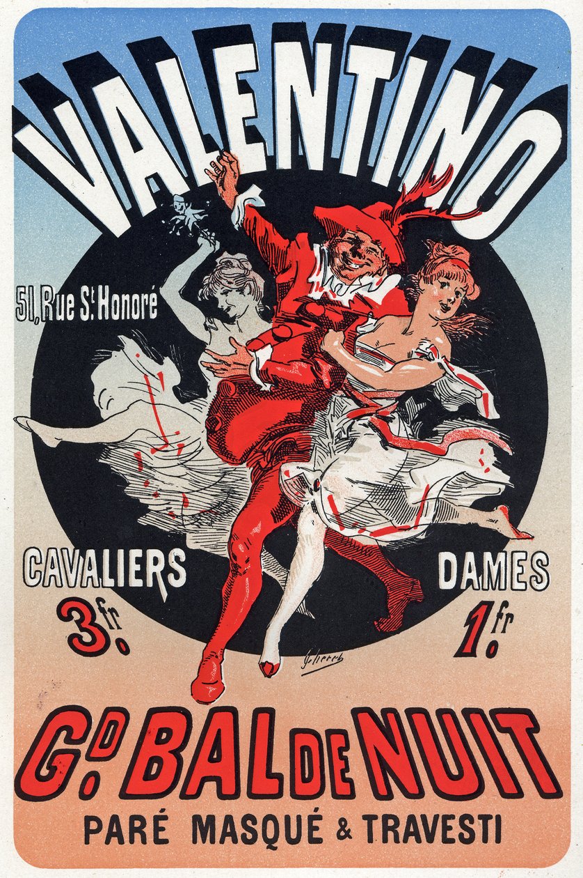 Sztuka. Zabawa. Valentino, bal maskowy w Paryżu. Plakat Jules Cheret, Francja, c.1870 (plakat) autorstwa Jules Cheret