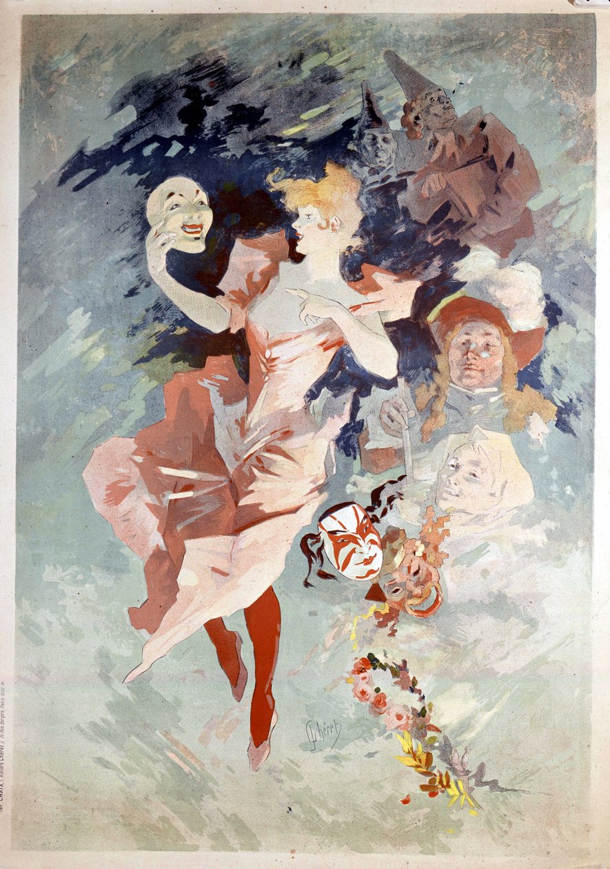 Plakat karnawałowy Jules Cheret: kobieta w masce, B.N. Paryż. 19 wiek. autorstwa Jules Cheret