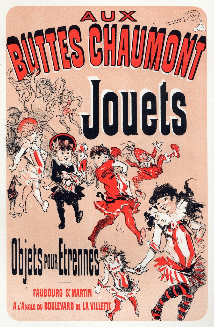 Gospodarka. Aux Buttes Chaumont, sklep z zabawkami w Paryżu. Plakat Jules Cheret, Francja, ok.1880 (plakat) autorstwa Jules Cheret