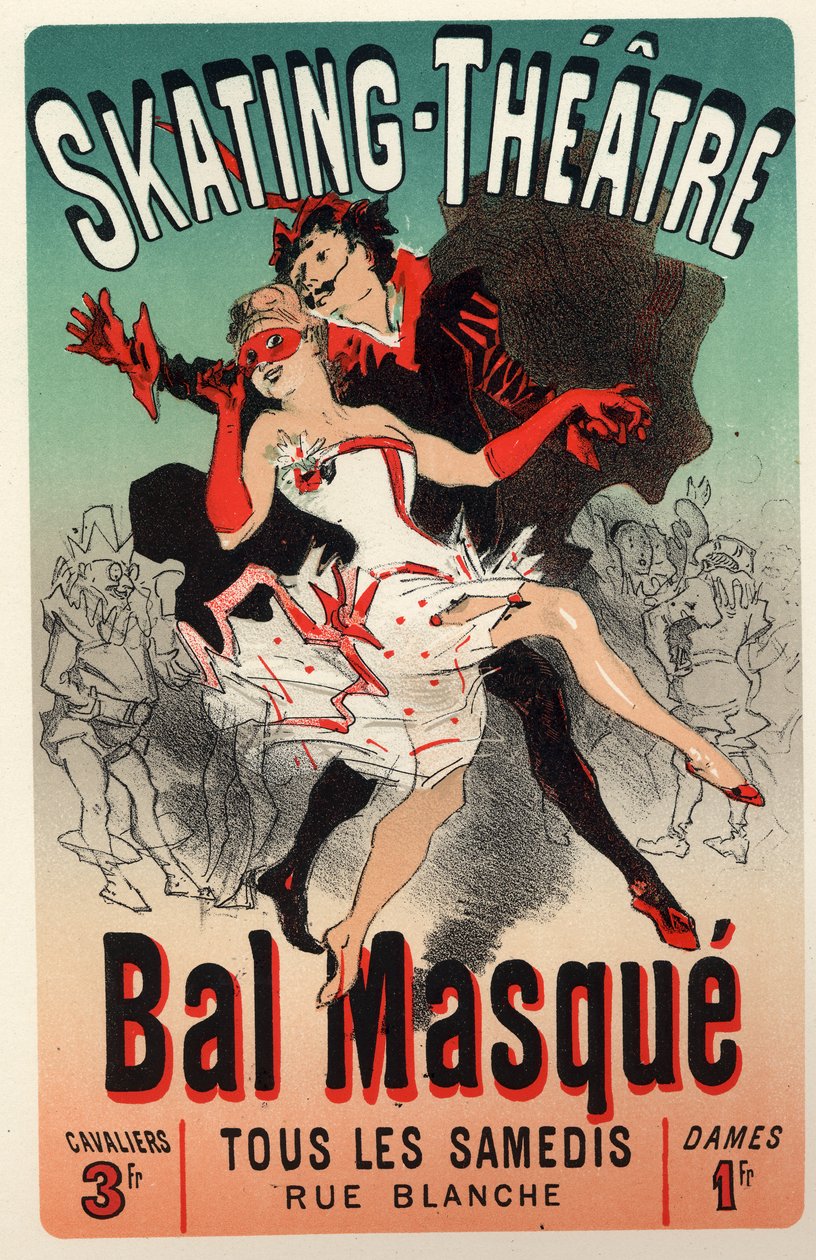 Zabawa. Teatr. Bal maskowy w Teatrze Łyżwiarskim w Paryżu. Plakat Jules Cheret, Francja, c.1875 (plakat) autorstwa Jules Cheret