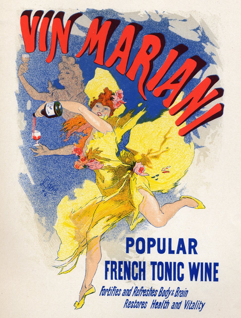Żywność i napoje. Mariani Francuskie Wino Tonikowe (pierwsza kokaina). Plakat autorstwa Jules Cheret (1836-1932), Francja autorstwa Jules Cheret