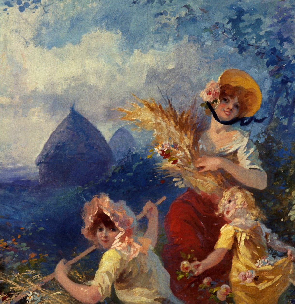 La Terre Allegorie reprezentuje młode kobiety trzymające pszeniczne buty na tle żniw. Szczegół. Karton na gobelin, Jules Cheret (1836-1932) XX w. Nicea, Musee Cheret autorstwa Jules Cheret