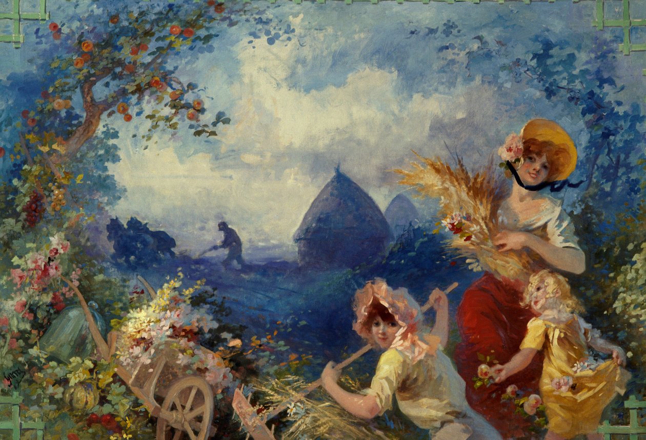 La Terre Allegorie reprezentująca młode kobiety trzymające pszeniczne buty na tle żniw. Karton na gobelin, Jules Cheret (1836-1932) XX w. Nicea, Musee Cheret autorstwa Jules Cheret