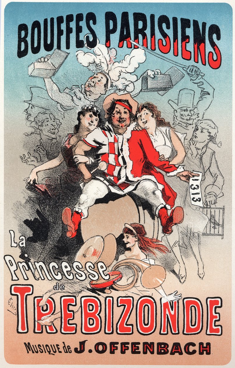 Muzyka. Księżniczka Trebizondy, operetka Jacquesa Offenbacha. Plakat Julesa Chereta do pierwszego pokazu Bouffes Parisiens, Paryż, Francja autorstwa Jules Cheret