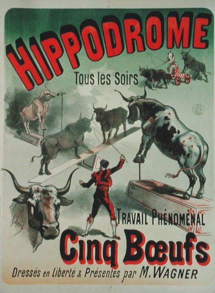 Plakat reklamujący przedstawienie "Cinq Boeufs" w Hipodromie (litografia kolorowa) autorstwa Jules Cheret