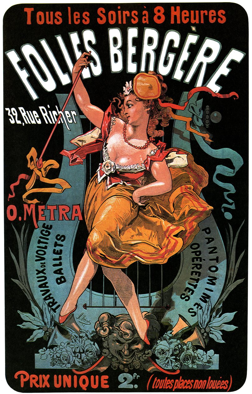 Plakat do Folies-Bergere 1874 Jules Cheret (1836-1932) - akrobacje, balety, pantomimy, operetki, taniec, tancerz, music hall (music hall), Paryż gejów, Paryż nocą - autorstwa Jules Cheret