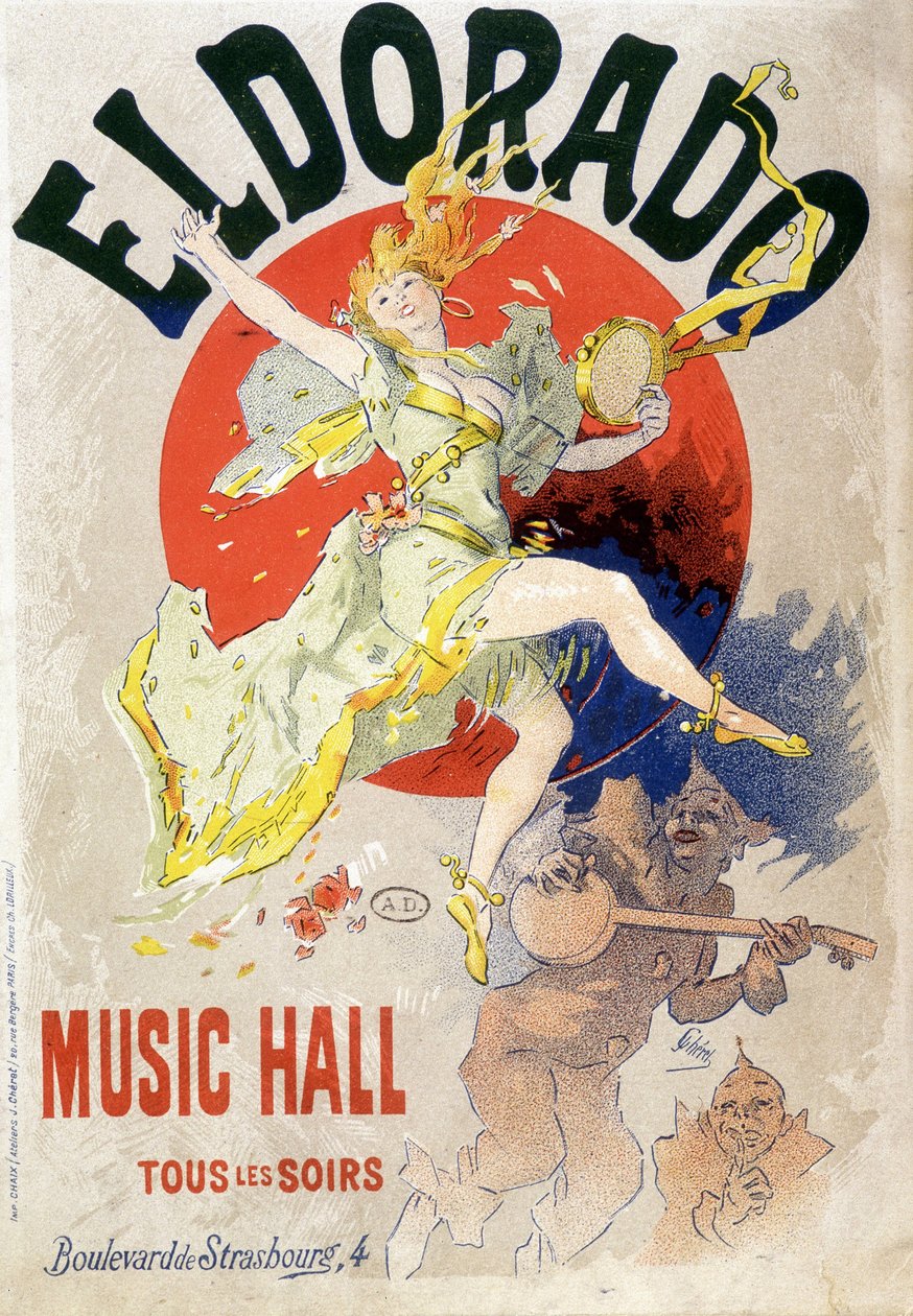 Plakat do Music Hall zaplanowany co wieczór w Teatrze Eldorado na bulwarze Strasbourga w Paryżu. Około 1900 (litografia) autorstwa Jules Cheret