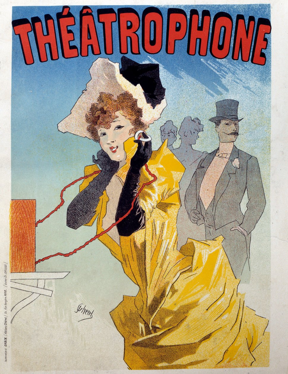 Plakat do Theatrophone: młoda elegancka elegancja słucha słuchaczom utworu teatralnego. Ilustracja Julesa Chereta (1836-1932) XIX-wieczny Paryż, Sztuka dekoracyjna autorstwa Jules Cheret