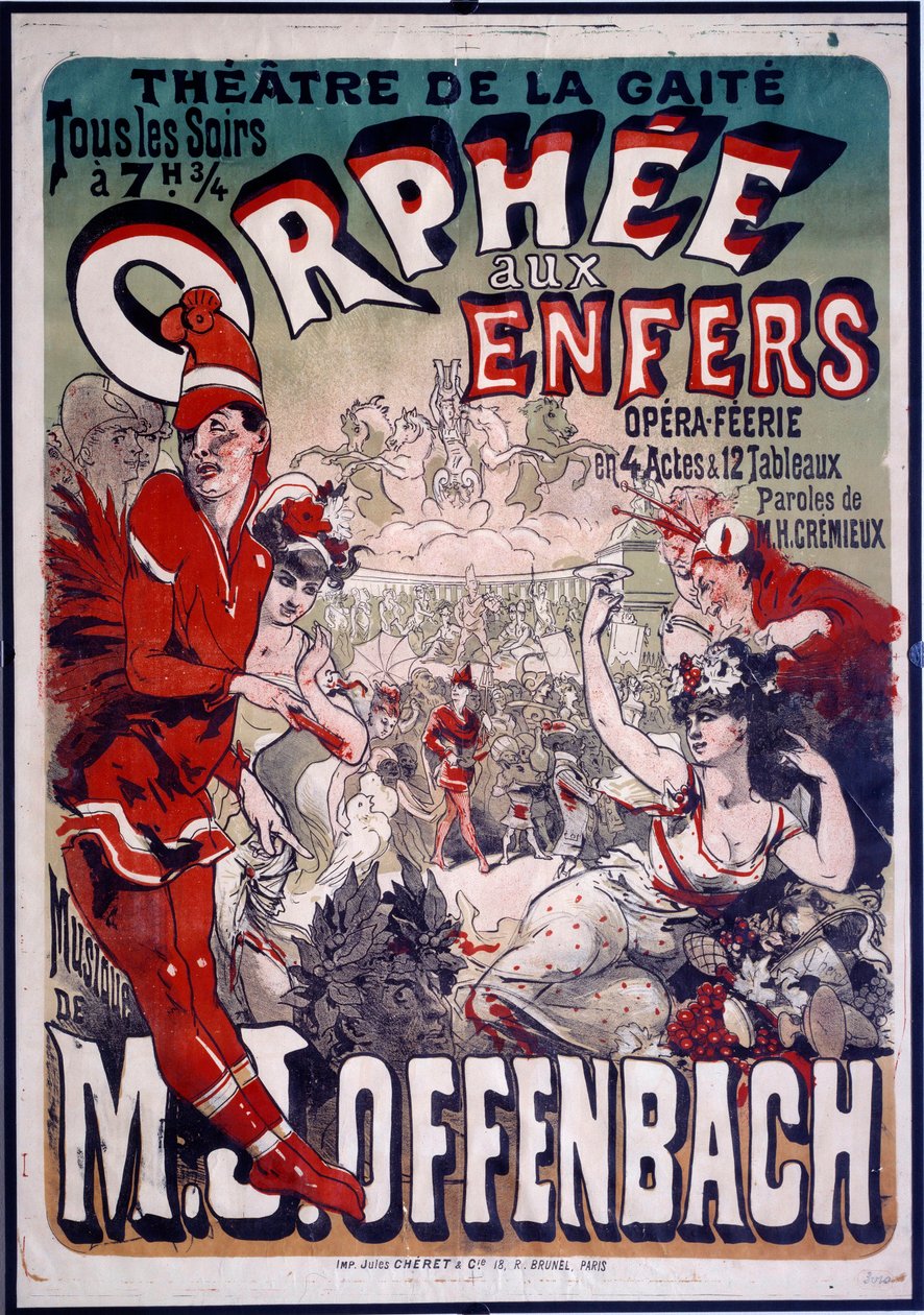 Plakat do operetki „Orphee aux Envers” do muzyki Jacquesa Offenbacha (1819-1890) w Theatre de la Gaite w Paryżu. Ilustracja Julesa Chereta (1836-1932) 1874. autorstwa Jules Cheret