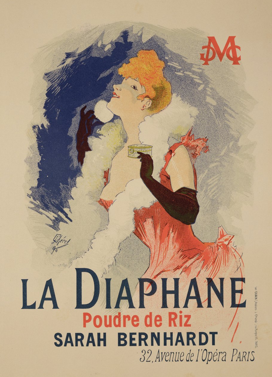 Reprodukcja plakatu reklamującego „La Diaphane”, półprzezroczysty puder do twarzy, model Sarah Bernhardt (1844-1923), 1890 autorstwa Jules Cheret