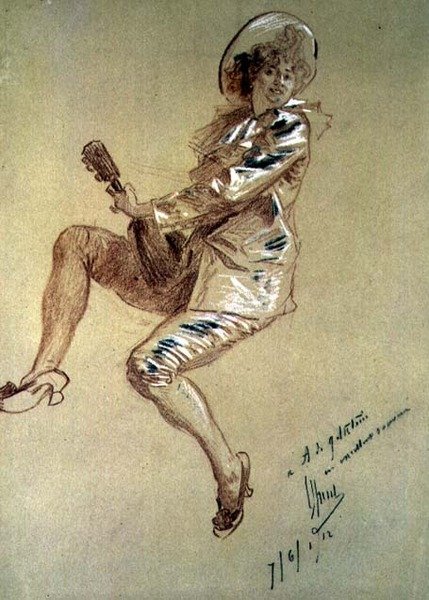Siedząca Pierrette, grająca na mandolinie autorstwa Jules Cheret