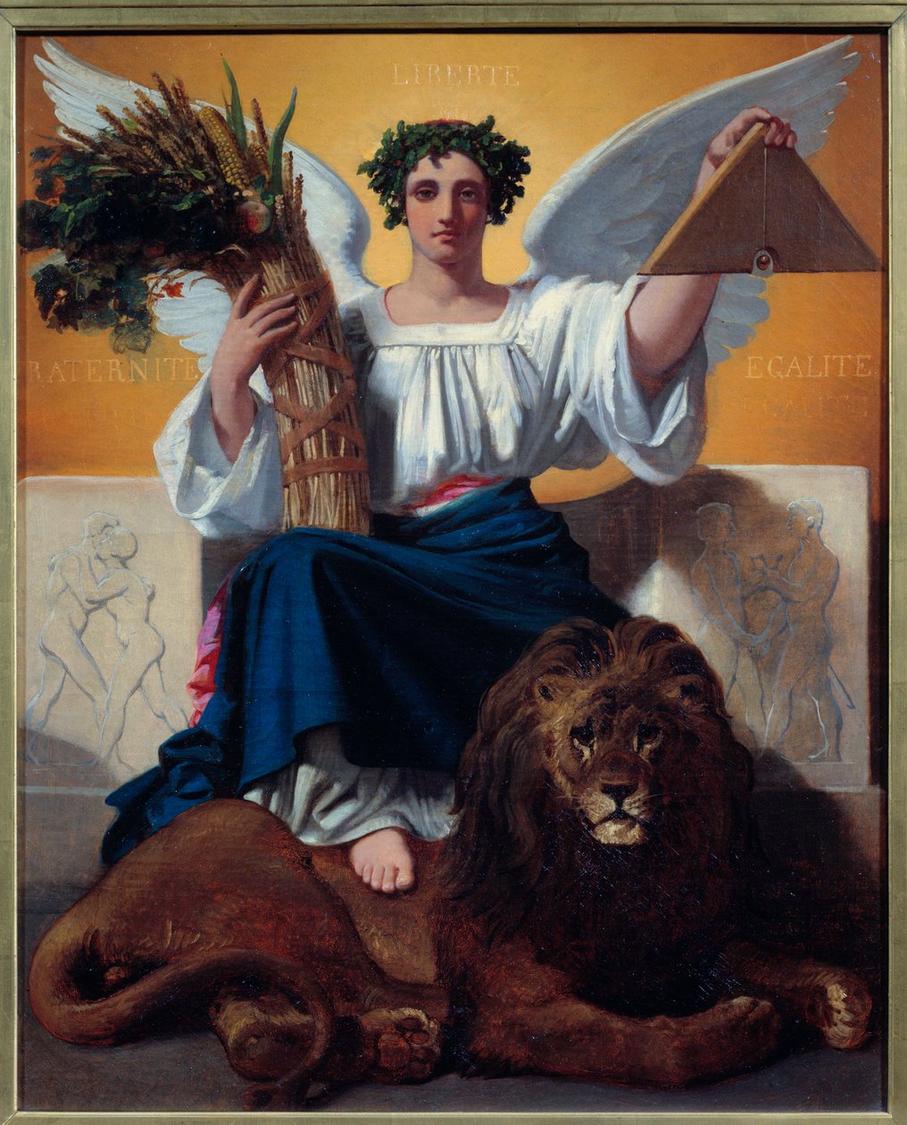 Republika. Alegoria przedstawiająca republikę jako anielską kobietę noszącą koronę symbol wolności, trzymającą belkę, symbol braterstwa i deltę, symbol równości, stopy na lwie, symbol władzy. Motto „Liberte, Egalite, Fraternity””. Ból autorstwa Jules Claude Ziegler