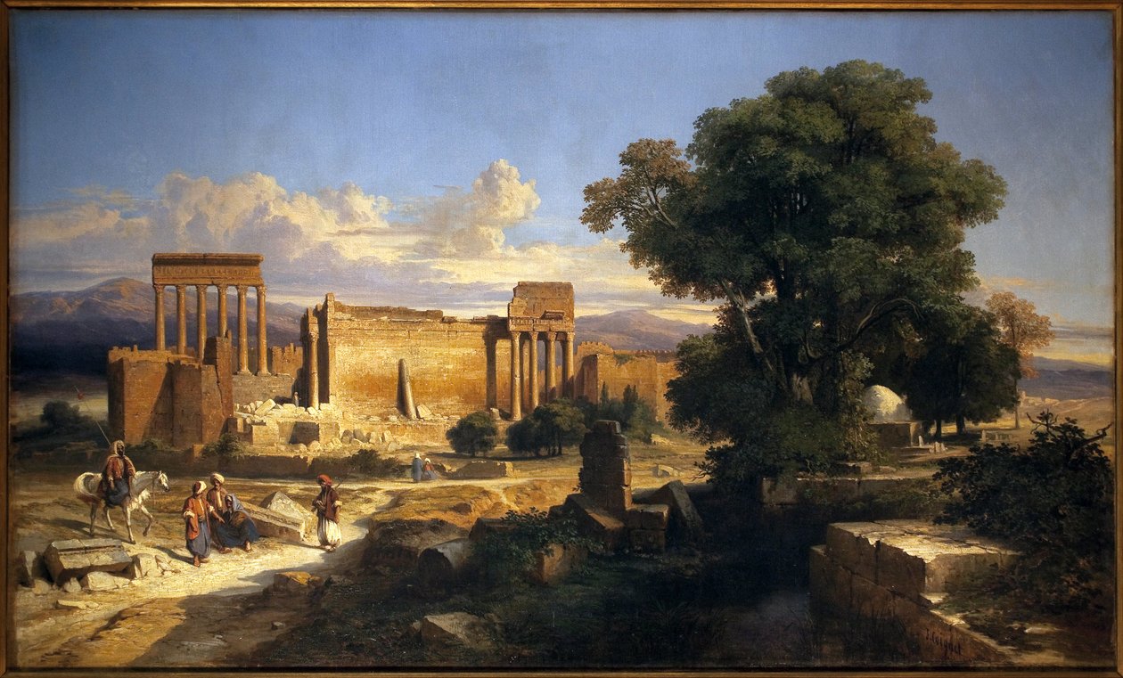 Ruiny Balbeck (lub Baalbek, Baalbec, starożytne Heliopolis, dzisiejszy Liban). Obraz Julesa Coigneta (1798-1860), olej na płótnie autorstwa Jules Coignet