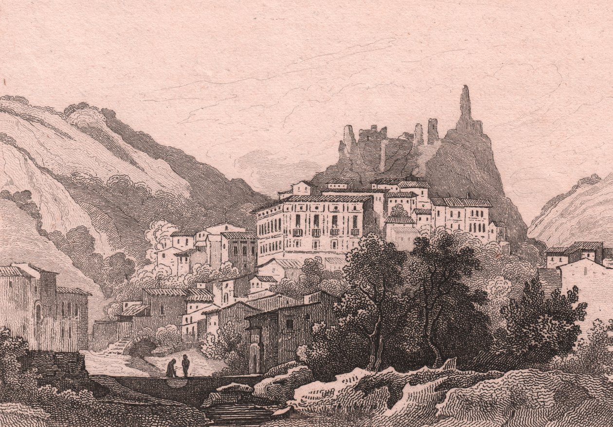 Widok Nicastro, Kalabria, Włochy, staloryt Dunaime na podstawie rysunku Julesa Coigneta (1798-1860), ok. 13x10 cm autorstwa Jules Coignet