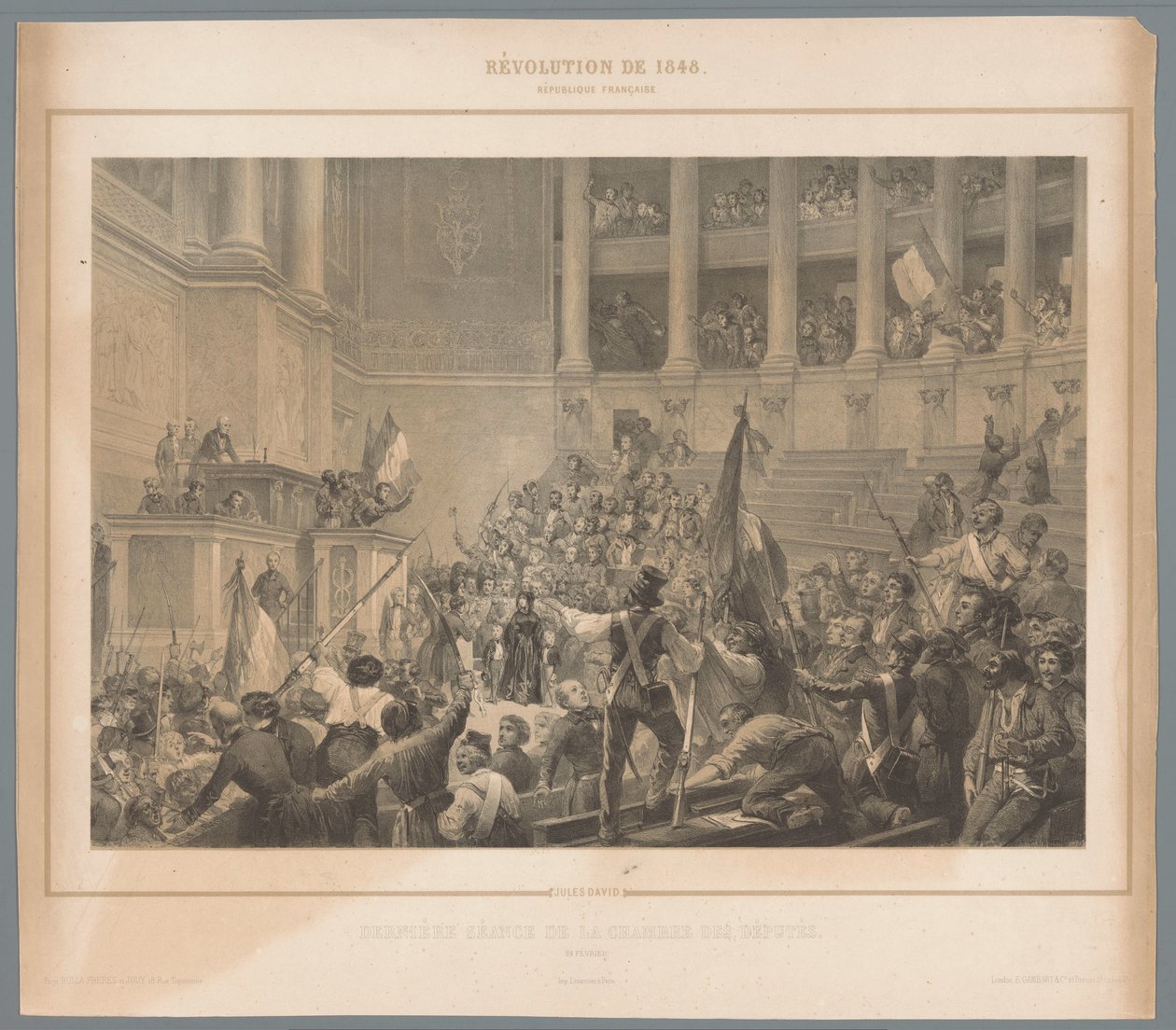 Powstańcy w Paryżu zakłócają posiedzenie Izby Deputowanych Dernière séance de la chambre des députés (tytuł przedmiotu) Sceny z rewolucji lutowej 1848 (tytuł serii) Revolution de 1848 (tytuł serii na obiekcie) autorstwa Jules  David