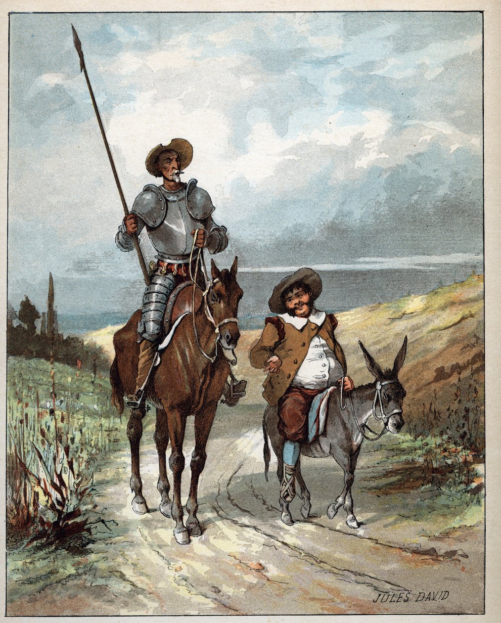 Don Kichot i Sancho Pansa - Ilustracja Julesa Davida (1808-1892) z Histoire de Don Kichot (Don Kichota) - 1887 - autorstwa Miguela de Cervantesa Saavedra (1547-1616) - autorstwa Jules David