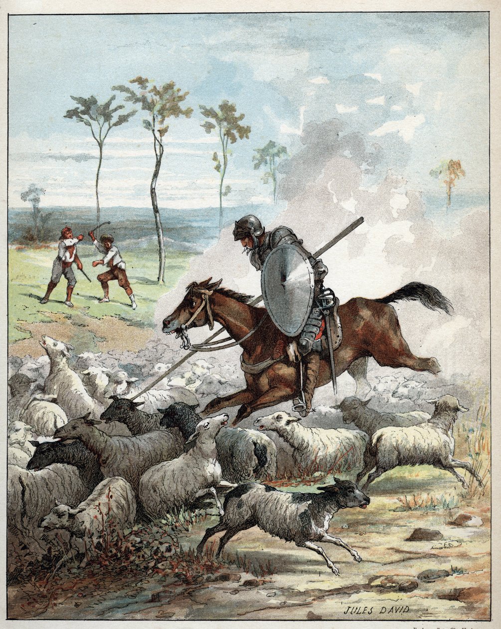 Don Kichot zabija owce myśląc, że są rycerzami - Don Kichot na koniu przebija owce, które bierze dla rycerzy - Ilustracja Jules David (1808-1892) z Histoire de Don Kichot (Don Kichot) - 1887 - Miguel de Cervantes Saavedra (1547) -1616) autorstwa Jules David