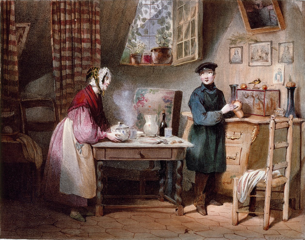 Gospodarka. Młoda para w domu: kobieta stawia łyk na stole, a mężczyzna wrzuca monetę do skarbonki. Kolorowa grawerunek Julesa Davida (XIX w.) Paryż, Musee Carnavalet autorstwa Jules David